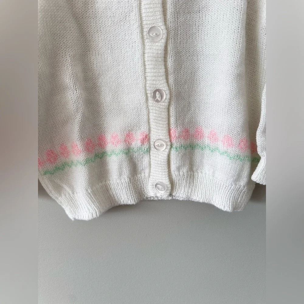 Vintage Baby Knit Cardigan Sweater White Floral Lace 6–12M Cottagecore Easter